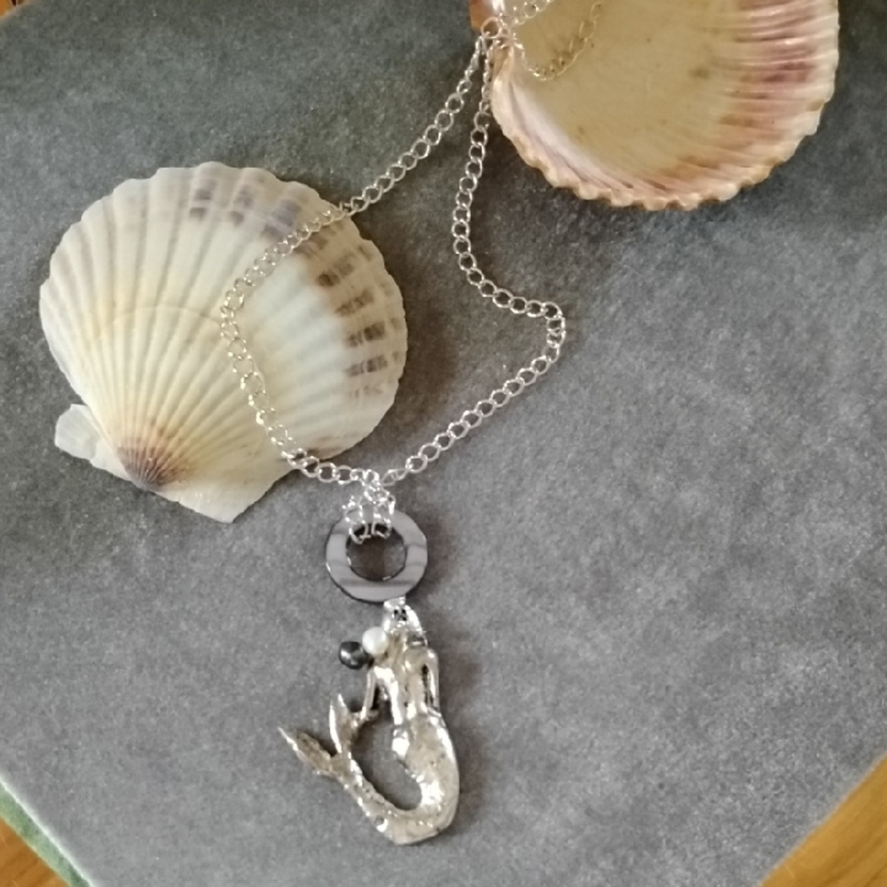 Hand Crafted Silver Mermaid and Pearl Pendant Necklace